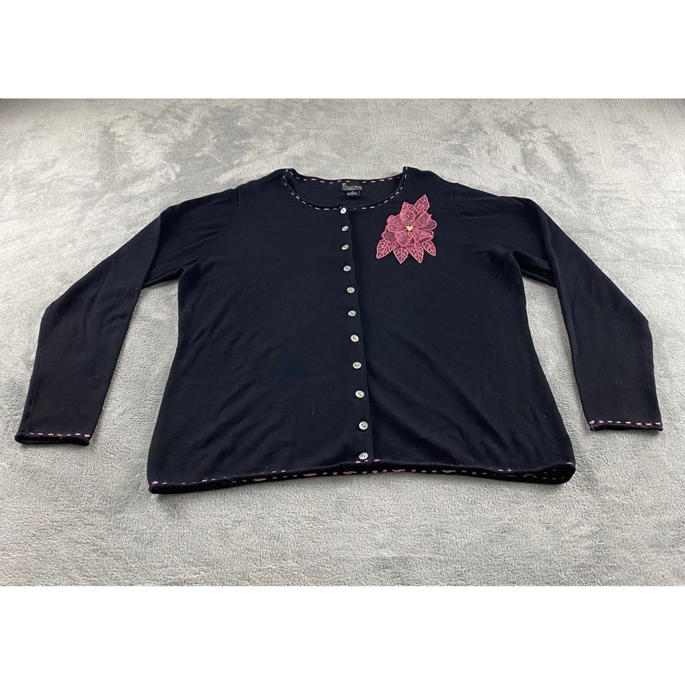 NY Collection Woman Black Floral Applique Cardigan Sweater Pink Stitching 1X